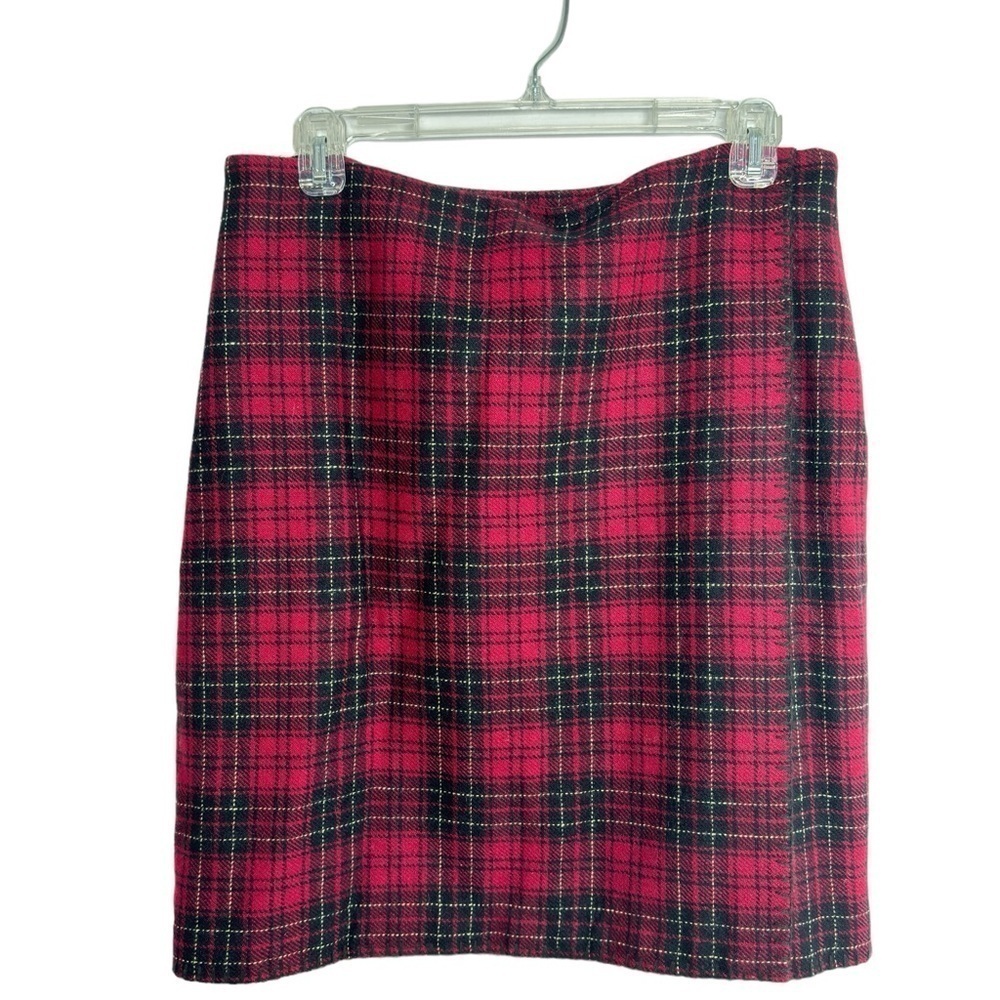 Eddie Bauer Size 8 Tartan Plaid Faux Wrap Skirt Wool Red and Black Fully Lined